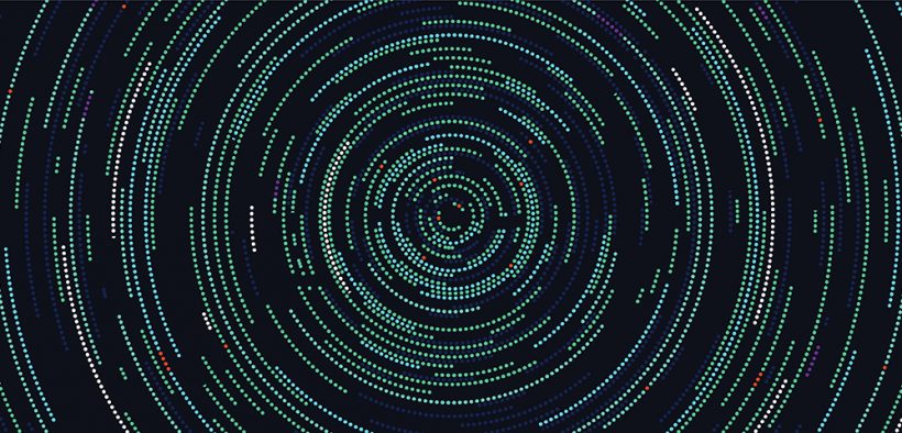 Image of green and blue circular spiral of ones and zeros against a black background for MetaScan 3 Emerging Technologies blog post